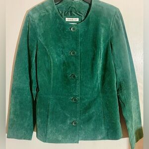 Coldwater Creek Green Suede Leather Button Up Collarless Jacket Size Small